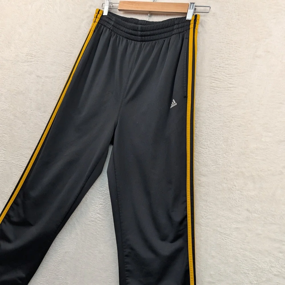 VTG Adidas Track Pants Mens Medium Black Yellow Side Stripe Athleisure Baggy Y2K